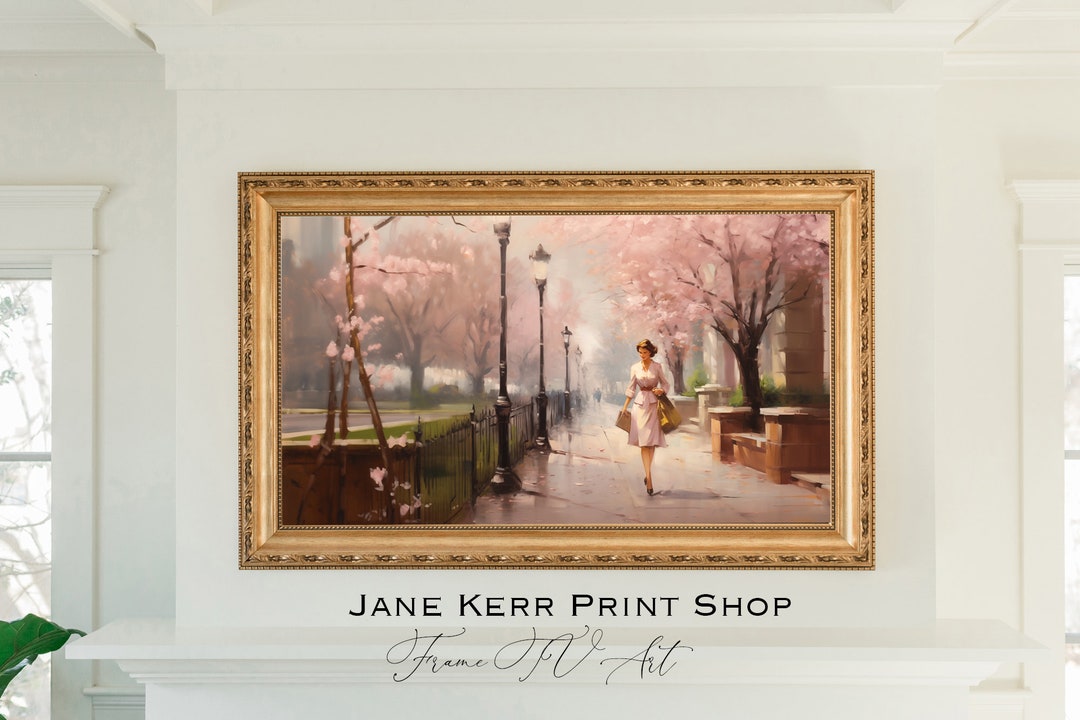 Painting of A Girl in Pink Dress Walking Down a Cherry Blossom Filled ...