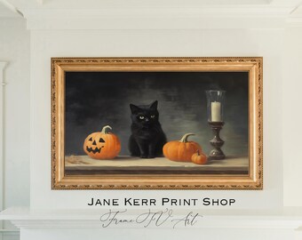 Halloween FRAME TV arte Gatinho preto e abóbora, Outono Halloween Samsung Frame tv arte assustador estilo vintage pintura a óleo texturizada, Arte digital