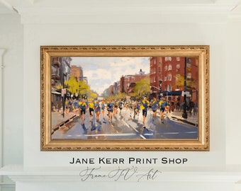 Oil Painting of City Marathon Runners Fitness Art Digital Samsung Frame TV Art Boston NYC Chicago Street Brownstones Instant Download