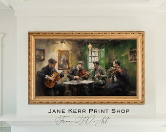 Painting of an Irish Band Playing at a Pub Dark and Moody Frame TV Art St Patricks Day Instant Download