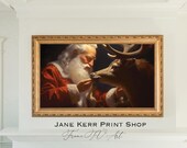 Vintage Christmas Frame TV Art, Santa With Reindeer Painting, Winter Holiday Art File For TV, Academia Art, Oil Painting TV Digital Download