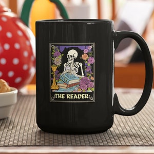 Book Lover Mug The Reader, Book Club Girl, Bookworm Boy, The Reader tarot card design, Book lover gift, Skeleton tarot mug, Literary mug