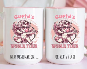 Personalized Valentine's Day Mug, Cupid's World Tour Coffee Cup, Funny Retro Love Gift, Custom Name Cupid Mug, Romantic Gift For Him Her