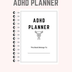 Puede incluir: Planificador ADHD imprimible con una ilustración en blanco y negro de un cerebro levantando pesas. El texto "ADHD Planner" está en negro y el texto "This Book Belongs To" está en negro con una línea en blanco debajo.