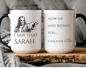 Taza "Jesús, vi eso", taza de café cristiana personalizada, regalo religioso humorístico con nombre personalizado para hombres y mujeres, taza de regalo con broma sobre la fe