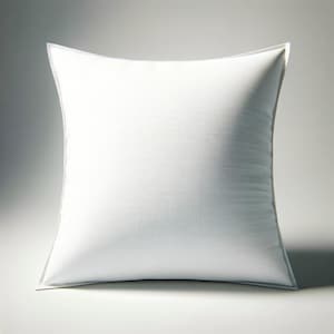 May include: A square white pillow with a textured surface. The pillow has a white border and is set against a white background. The pillow is a neutral color and could be used for home decor.