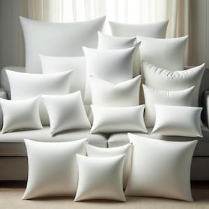 May include: A collection of various white pillows of different shapes and sizes arranged on a gray sofa. The pillows have a soft, textured appearance, with some featuring subtle patterns. The scene is illuminated by natural light, creating a bright and inviting atmosphere.