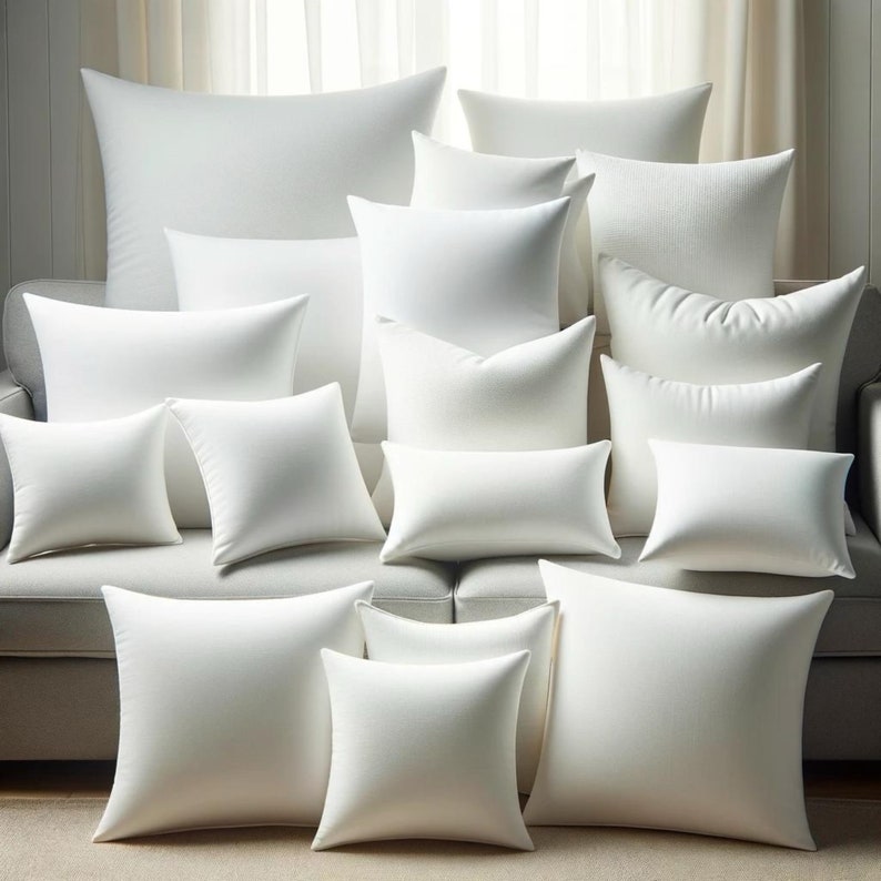 May include: A collection of various white pillows of different shapes and sizes arranged on a gray sofa. The pillows have a soft, textured appearance, with some featuring subtle patterns. The scene is illuminated by natural light, creating a bright and inviting atmosphere.