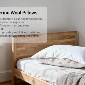 May include: A white merino wool pillow on a bed with a wooden headboard. The pillow is on a white sheet and a beige blanket. Text on the left says "Why Merino Wool Pillows".