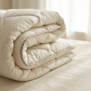 May include: A folded, off-white quilted blanket with a decorative stitched edge. The blanket is neatly stacked on a bed, with soft lighting in the background. The stitching on the edge is a light brown color.