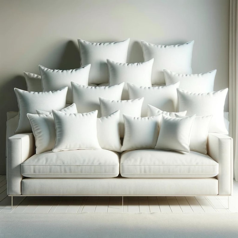 May include: A white sofa with numerous white square and rectangular pillows arranged on the backrest. The sofa has a minimalist design with a light-colored fabric and thin metal legs. The pillows create a layered, comfortable appearance.