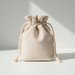 May include: A beige drawstring bag made of a textured fabric. The bag has a gathered top and is closed with a matching beige drawstring. The bag is sitting on a white surface.