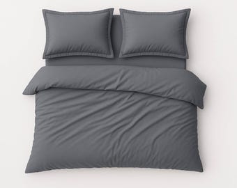 Charcoal Gray Cotton Duvet Cover Set: Oxford Pillowcases, Zipper Closure