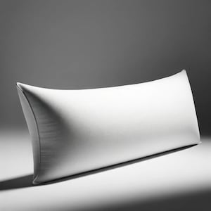 May include: A white, rectangular pillow with a curved design. The pillow is made of a soft, smooth material and is designed for comfort. The pillow is a neutral color and can be used in any bedroom.