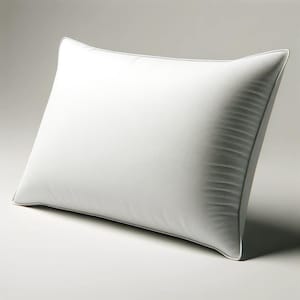 May include: A white rectangular pillow with a subtle textured surface. The pillow has a thin, light gray border. The pillow is angled slightly, showcasing its shape and design. The pillow is designed for sleeping.
