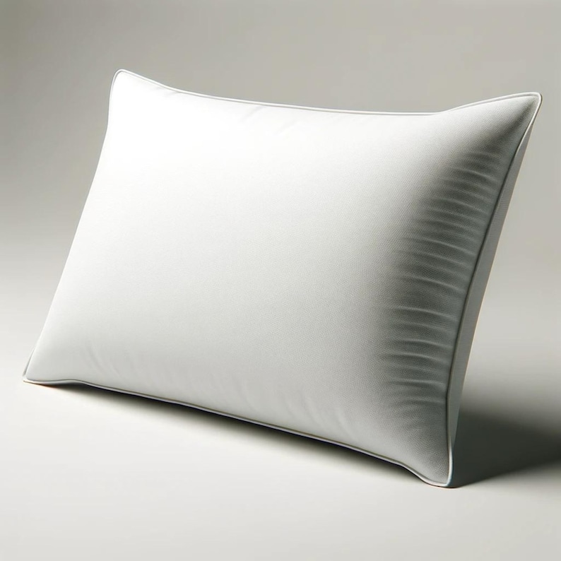 May include: A white rectangular pillow with a subtle textured surface. The pillow has a thin, light gray border. The pillow is angled slightly, showcasing its shape and design. The pillow is designed for sleeping.