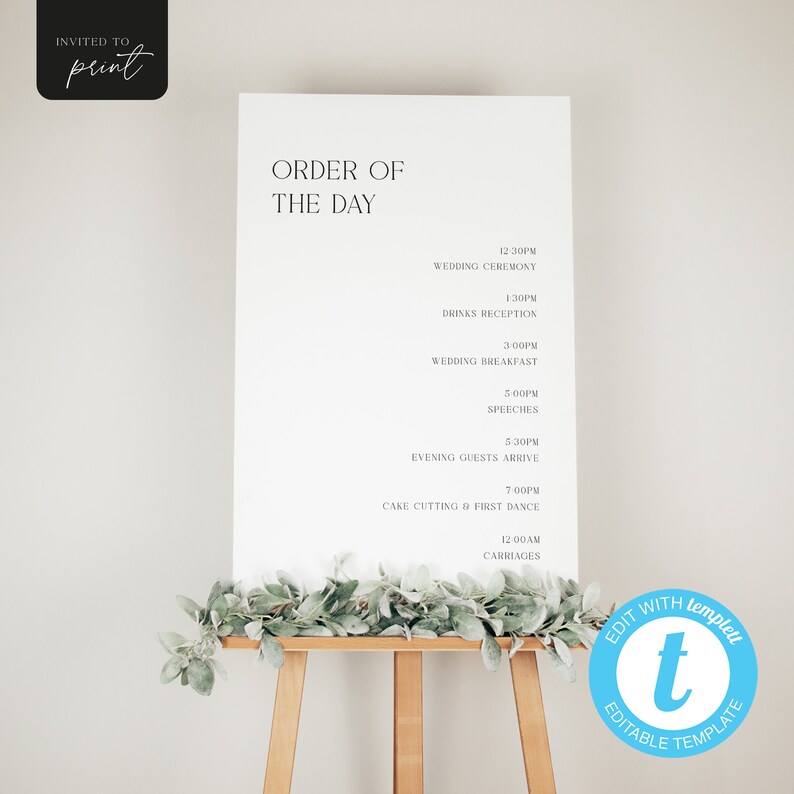 Minimal Wedding Order of the Day Sign Template Editable Itinerary Sign ...