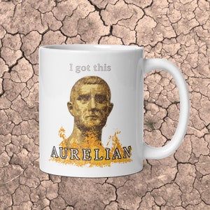 Könnte beinhalten: Eine weiße Keramiktasse mit einem goldenen Bild eines römischen Kaisers und dem Text "I got this AURELIAN" darauf.