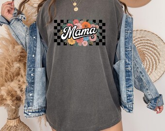 Checkered Mama and Flowers PNG, Mom Sublimation Graphics, Floral Mother's Day, Digital Artwork, DIY Project, Printable