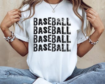 May include: White t-shirt with the word "BASEBALL" repeated four times in a distressed black font.