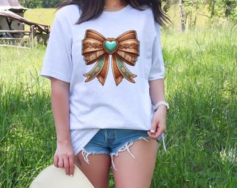Western Cowgirl Bow png,Brown Leather Bow png, Cowhide bow png, Coquette Cowgirl aesthetic, Cowgirl leather and turquoise Bow Clipart png,