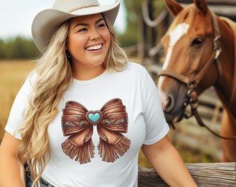 Western Cowgirl Bow png,Brown Leather Bow png, Cowhide bow png, Coquette Cowgirl aesthetic, Cowgirl leather and turquoise Bow Clipart png,