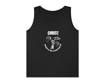 Divine Strength" Unisex Heavy Cotton Tank Top: "With Christ, I Can Do All Things" Weightlifting Motif