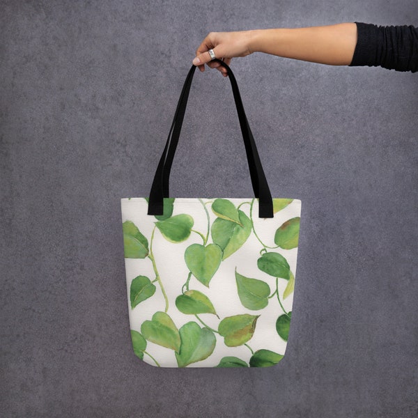 Boho hand painted ivy tote bag, water color pothos print, sturdy, durable and sustainable bag,