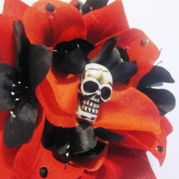 Red Velvet Rose Hair Clip with Skull and Black Flowers