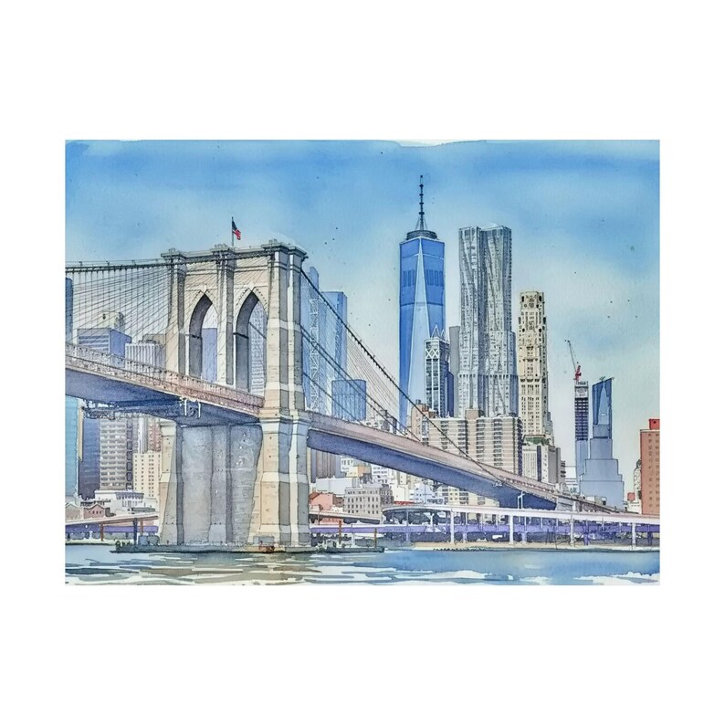 Brooklyn Bridge Watercolor Print, New York City Skyline Art, NYC Wall ...