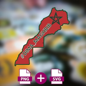 May include: A red sticker shaped like the map of Morocco with a dark green border, a dark green five-pointed star, and the white text #DIMA_MAGHRIB. Below the sticker are two white document icons labeled PNG and SVG with a plus sign in between.