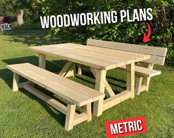Plany stolarskie zestawu mebli ogrodowych: stół i ławka (metryczne) (do pobrania w formacie PDF)