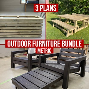 May include: Three outdoor furniture plans in metric measurements. The plans include a planter box, a picnic table with two benches, and a lounge chair with a footrest.  The plans are labeled "Outdoor Furniture Bundle".