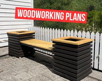 May include: A wooden bench with two square planters on either side. The bench seat is light-colored wood, and the planters are dark brown with a square opening at the top. The text "WOODWORKING PLANS" is in a red banner.