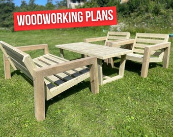 May include: A set of outdoor furniture made of unfinished wood. The set includes a loveseat, two armchairs, and a coffee table. The furniture is arranged on a grassy lawn. The text "WOODWORKING PLANS" is displayed in red at the top of the image.