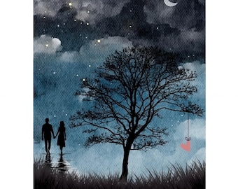 Arte de pared "Amor eterno" / Impresión romántica de cielo nocturno / Póster de silueta de pareja y luna / Regalo de aniversario / Descarga digital disponible en A3/A4
