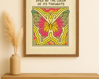 Arte de pared de mariposa boho / Impresión con cita psicodélica de los 70 / Póster espiritual retro / Arte de afirmación positiva / Decoración hippie / Bienestar mental consciente