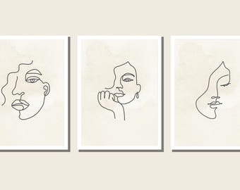 Trío de rostros minimalistas en arte lineal / Conjunto de arte mural moderno abstracto femenino / Láminas de galería boho de estética neutra / Moño dibujado a mano al estilo escandinavo