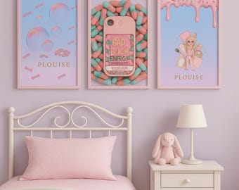 Juego de 3 láminas de arte de pared inspiradas en P.Louise: chicle, maquillaje y dulces, decoración pastel para dormitorio de niña.