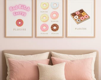 Arte de pared de donut energético de Bad Bitch / Juego de 3 láminas rosas / Decoración de dormitorio femenino / Descarga digital