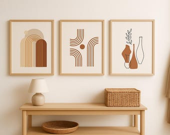 Set de 3 láminas decorativas neutras estilo boho para la entrada / Láminas minimalistas de líneas en terracota / Descarga digital de formas abstractas / Decoración moderna para el hogar