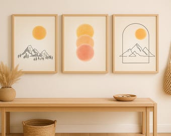 Set de 3 láminas decorativas de pared estilo boho neutro con temática de montaña / Pack de láminas Japandi / Arte minimalista lineal / Lámina con sol en tonos tierra cálidos / Decoración para la entrada / Lámina imprimible