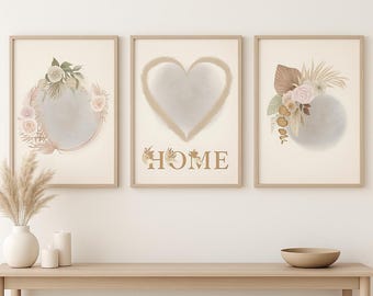 Set de 3 láminas decorativas florales bohemias neutras / Decoración para el hogar / Decoración botánica beige / Arte minimalista con flores secas / Lámina imprimible para la entrada / Estilo rústico