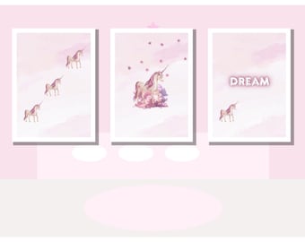 Pack de 3 láminas decorativas de unicornio rosa para pared / Láminas para dormitorio infantil / Pósteres de unicornio en tonos pastel / Arte mágico de nubes / Decoración para habitación juvenil / Digital