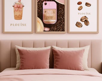 Arte mural de café moca / Juego de 3 impresiones / Estética de energía negativa / Dormitorio femenino Descarga digital A3/A4 disponible