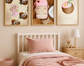Juego de arte de pared con temática de coco / Impresiones modernas para dormitorio de niñas / Decoración tropical rosa disponible en A3/A4