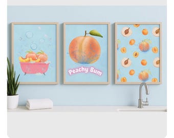 Juego de 3 impresiones de arte de pared para baño en tonos melocotón / Impresiones de traseros de melocotón / Decoración divertida de baño con frutas / Arte moderno en tonos melocotón / Descarga digital disponible en A3/A4