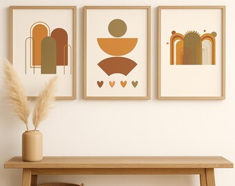 Set de 3 láminas abstractas en tonos tierra terracota y oliva / Formas geométricas arqueadas / Decoración minimalista japonesa para el hogar / Diseño digital