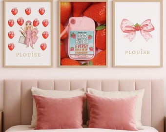 Arte mural con energía de fresa y perra mala / Juego de 3 láminas rosas / Decoración para dormitorio femenino / Descarga digital