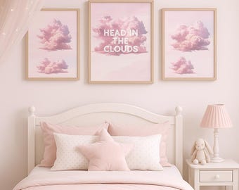 Set de 3 láminas decorativas "Cabeza en las nubes" / Pack de láminas de nubes rosas / Decoración para dormitorio infantil / Set de láminas pastel para habitación infantil / Láminas imprimibles para habitación infantil